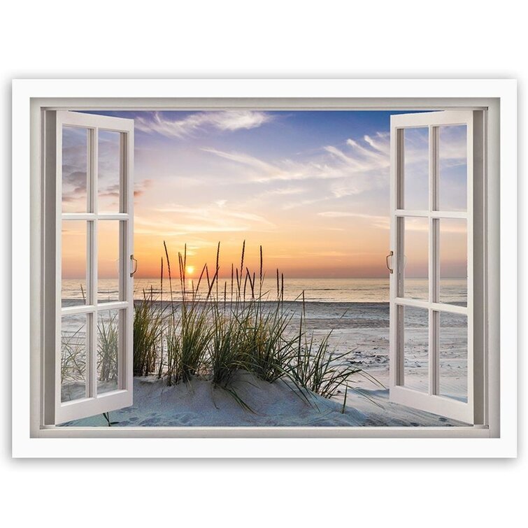 Gerahmter Grafikdruck Fenster zum Strand
