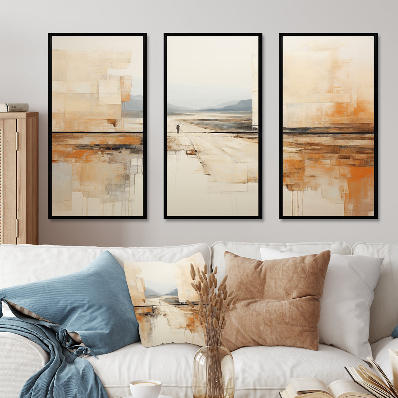 Abstrait beige brun, collage sur route brun I - ensemble abstrait d'art sur toile, Cadre flottant noir