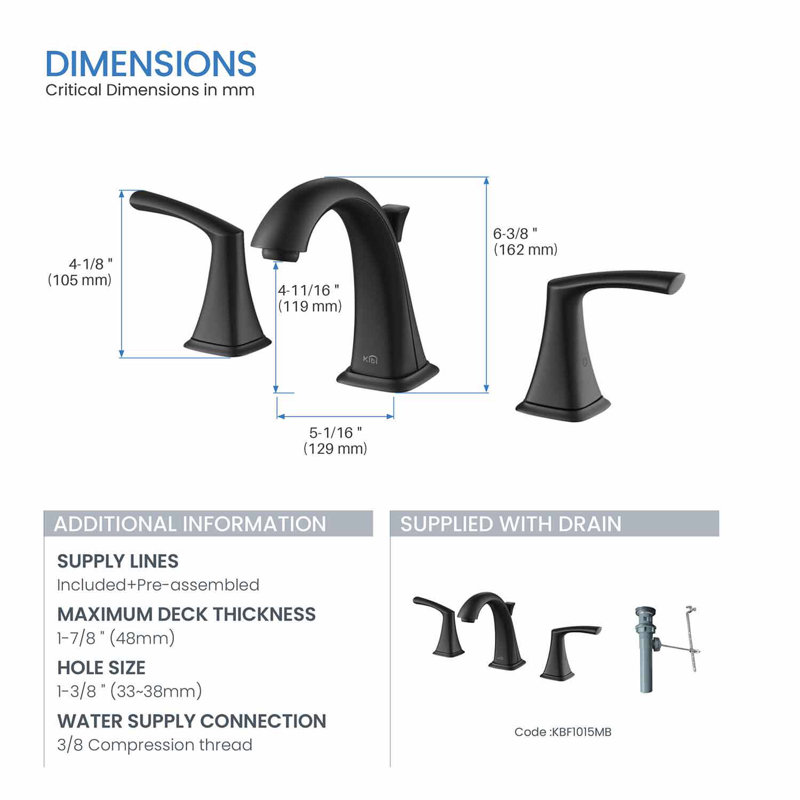 Robinet de salle de bain à large entraxe avec bonde Stonehenge, Noir mat