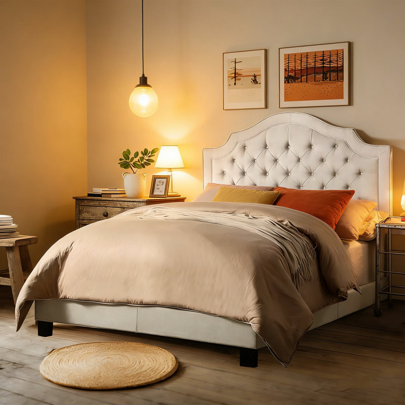 Upholstered Tufted Upholstered Bed with Adjustable Height Headboard, King, Beige