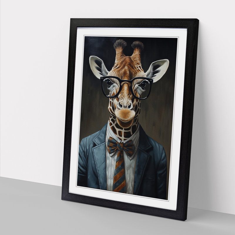 Giraffe with Glasses Painting - Framed Print, Black Framed, 46cm H x 34cm W