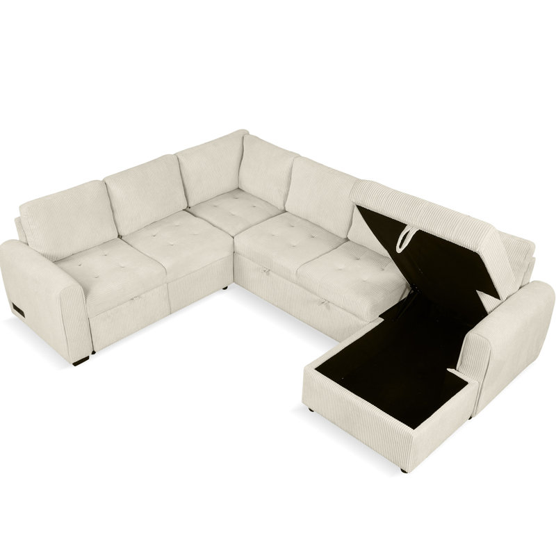 Canapé modulaire beige avec configuration en U et méridienne de rangement pour optimiser l'espace Lit escamotable conçu intelligemment