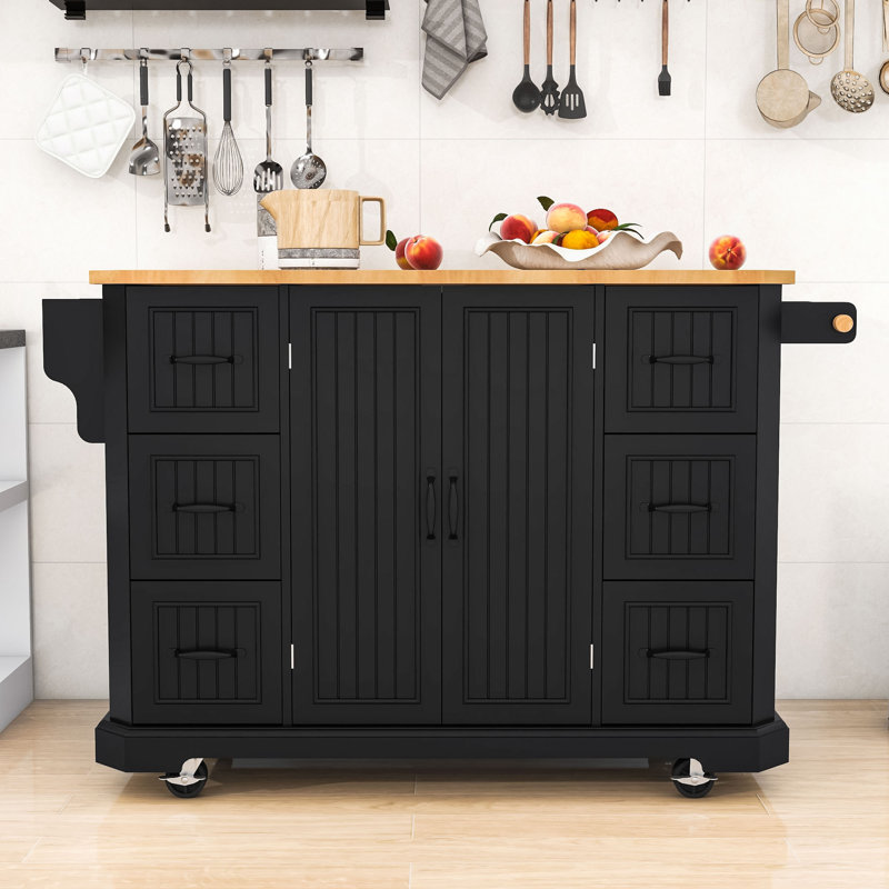 Rustic Wooden Kitchen Island Cart with Drop Leaf, Built-in Charging Station and Lockable Wheels, Black