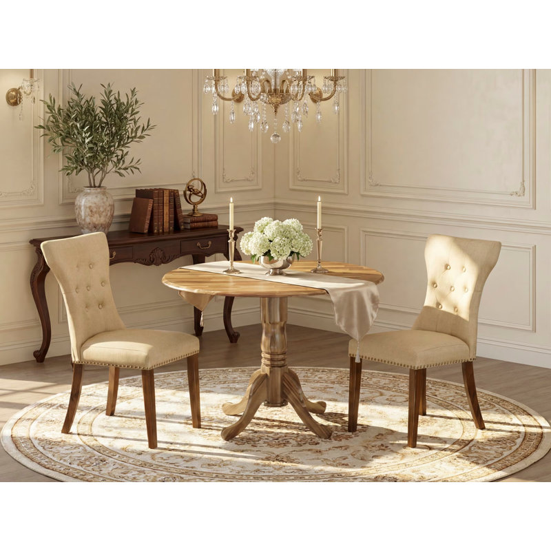 L'ensemble de table de cuisine 3 pièces pour petits espaces comprend une table de salle à manger ronde avec Dropleaf et 2 chaises rembourrées en tissu de lin brun, naturel