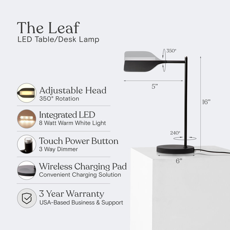 Leaf 16" Vintage LED Desk Lamp with Wireless Charging Pad, Adjustable Arm, and 3-Way Dimming
