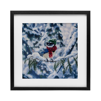 «Christmas Blue Jay» perché, reproduction d'art sous verre, conception de Jim Baldwin