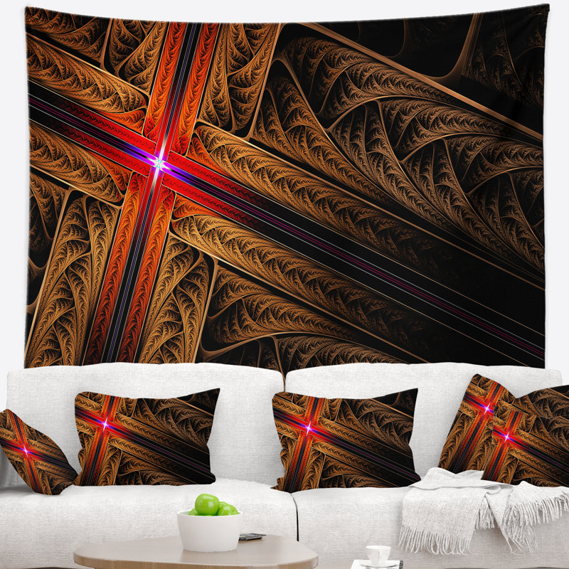 Tapisserie abstraite à motif de croix fractale dorée, H 68 po x l 80 po