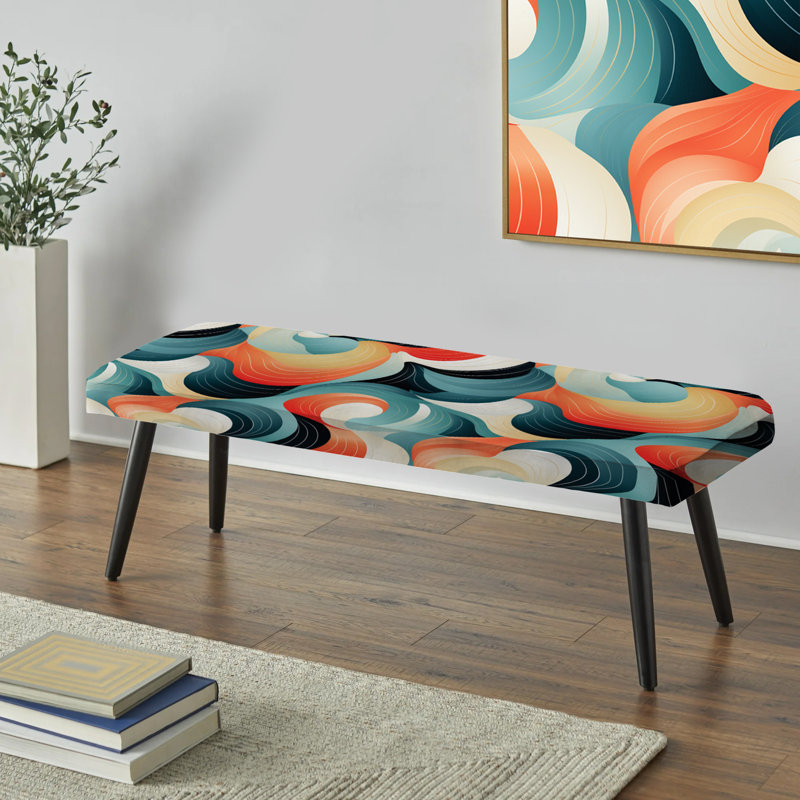 Orange And Green Geometric Ripples Patterns - Coastal Upholstered Black Bench