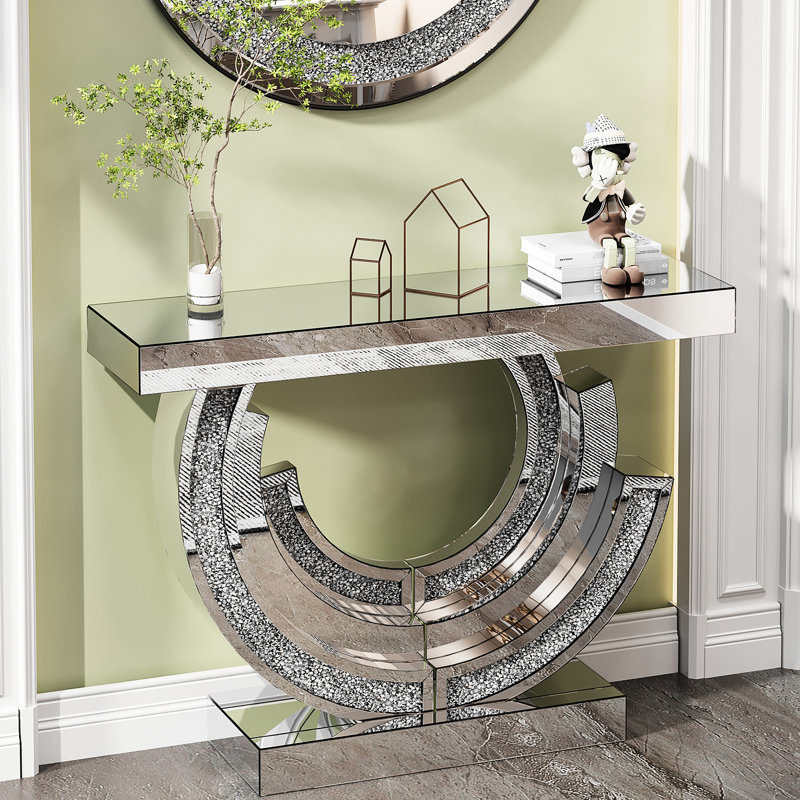 Console moderne avec diamant concassé en forme de 3c, centre en miroir argenté pour le salon, matériaux de haute qualité, conception en diamant incurvé facile à assembler, bords de miroir polis à la main, audacieux