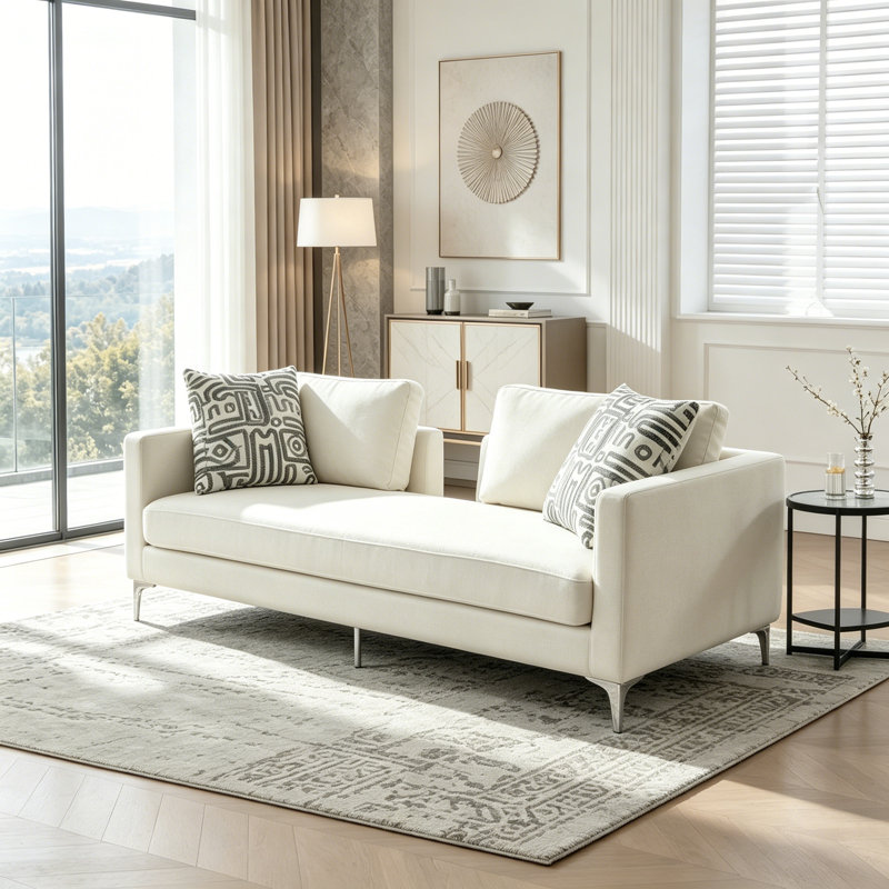 Chaise longue surdimensionnée en chenille avec dossier ouvert, accoudoirs et 4 coussins, Ivory Chenille