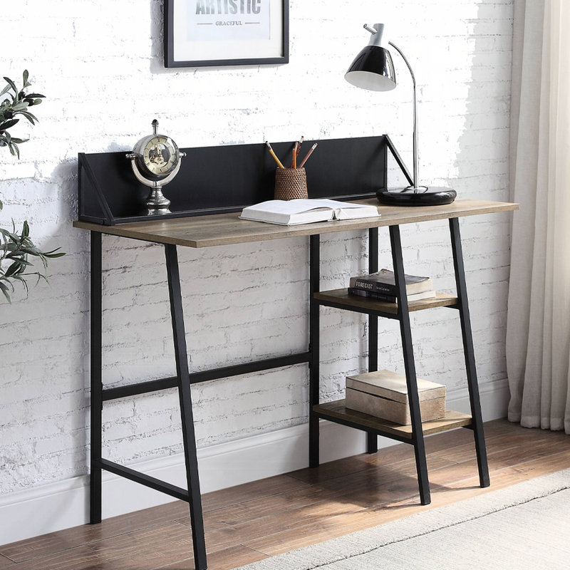 Bureau rustique en chêne et noir avec 2 tablettes de construction pour le rangement rectangulaire