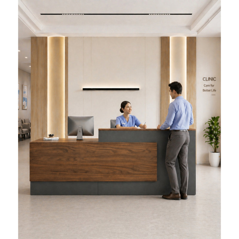 Bureau de réception en L avec comptoir, 41.3" H x 86.6" W x 23.6" D, Brown/Brown+Grey