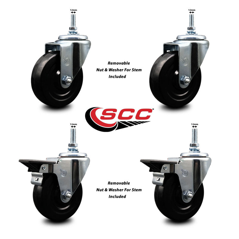 4 Inch_Hard Rubber 12MM Threaded Stem Caster Set 2 Brakes SCC