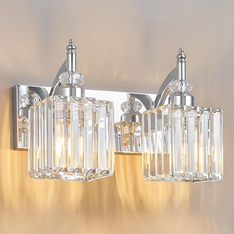 Modern Crystal Bathroom Vanity Light Fixture With K9 Crystal Shades For Over Mirror Installation, Chrome