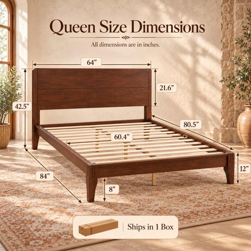 Bamboo Platform Bed with Headboard and Wood Slat Support, Chocolate