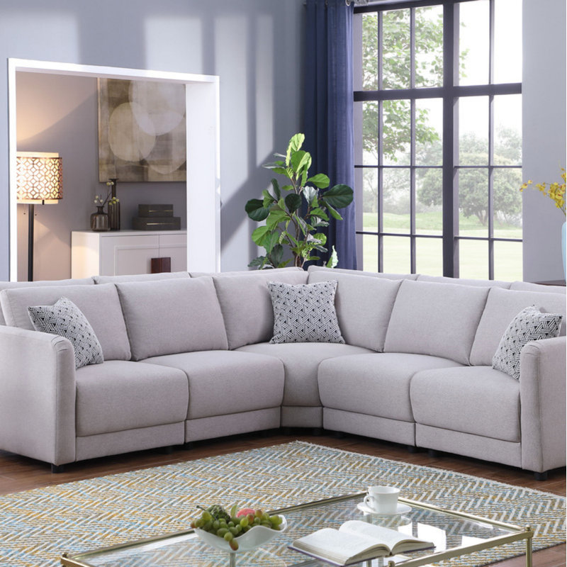 Canapé modulaire en L réversible en lin avec coussins