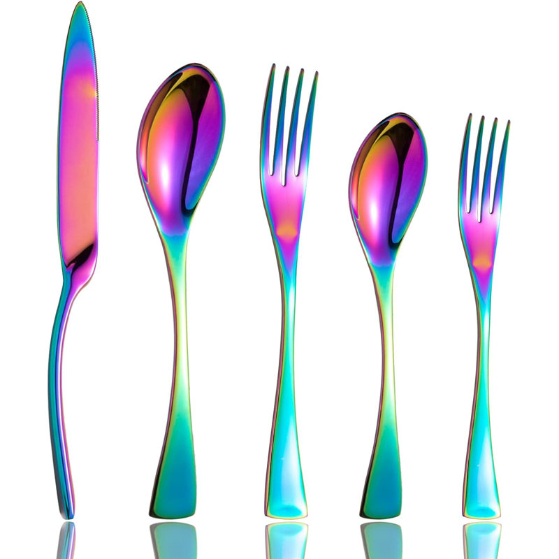 Ensemble de couverts en acier inoxydable Rainbow, ensemble de couverts 20 pièces avec couteau, fourchette et cuillère, lavable au lave-vaisselle, antirouille et résistant à la chaleur