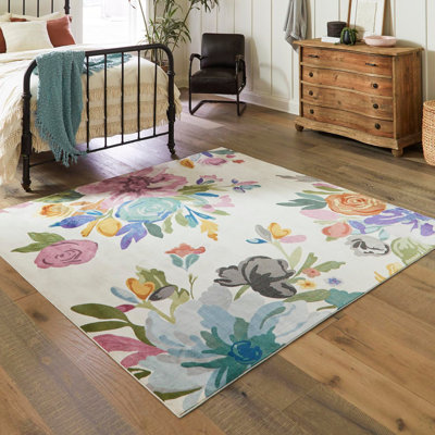 Tapis à motif floral vert / mauve / bleu / ivoire / gris / orange Aludra