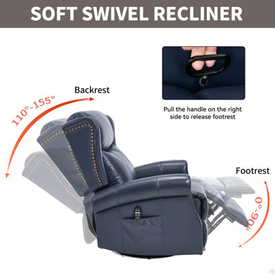 Fauteuil de massage chauffant manuel inclinable avec bascule et pivotant en cuir véritable pour salon, bleu