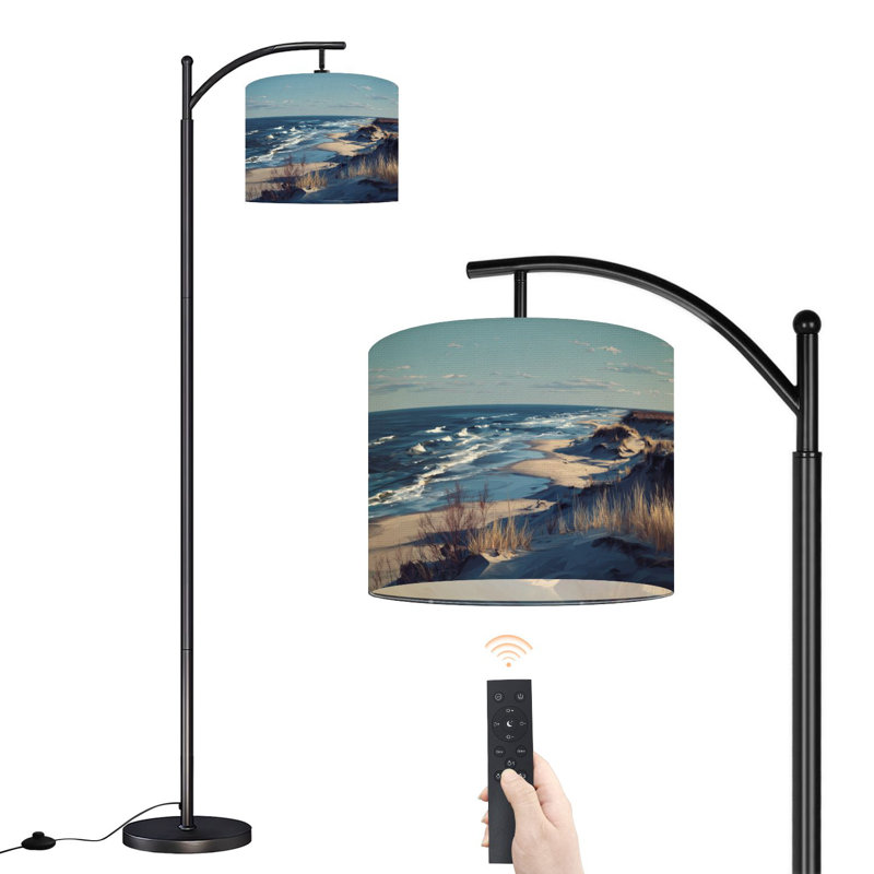 Arc Floor Lamp with Adjustable Lampshade Calm Beach Landscape Soft Lighting Rich Art Standing Lamp 3 Colour Temperatures Dimmable Tall Pole Lamp with Foot Switch for Bedroom