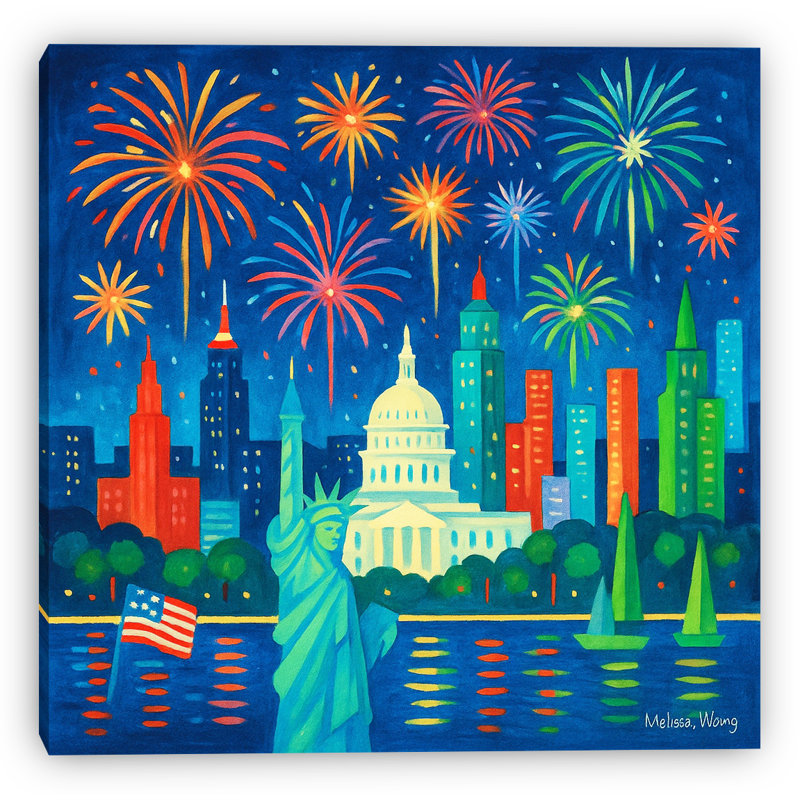 «Night Skyline Fireworks and Liberty», art mural sur toile, H 12 po x l 12 po