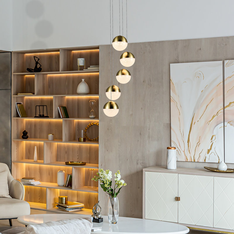 Ravello 5-Light Height Adjustable ETL Certified Integrated LED Chandelier with Globe Shades, Brass