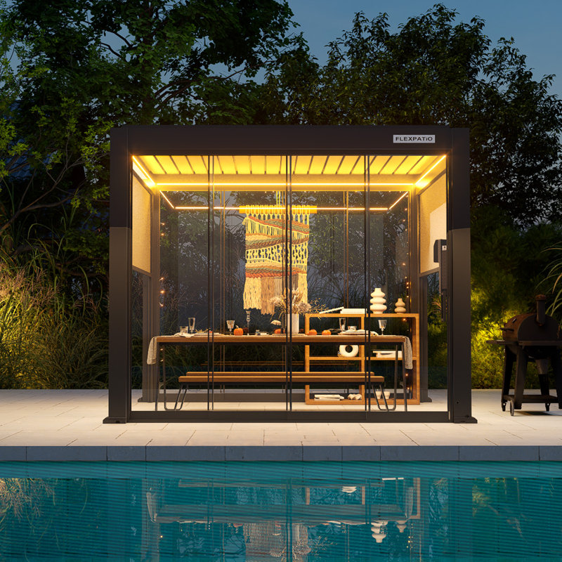 Flexpatio 10 Ft. W X 10 Ft. D Power+ Pro Motorized Outdoor Louvered Pergola W/ 2-Side Shades & 2-Side Sliding Glass Doors