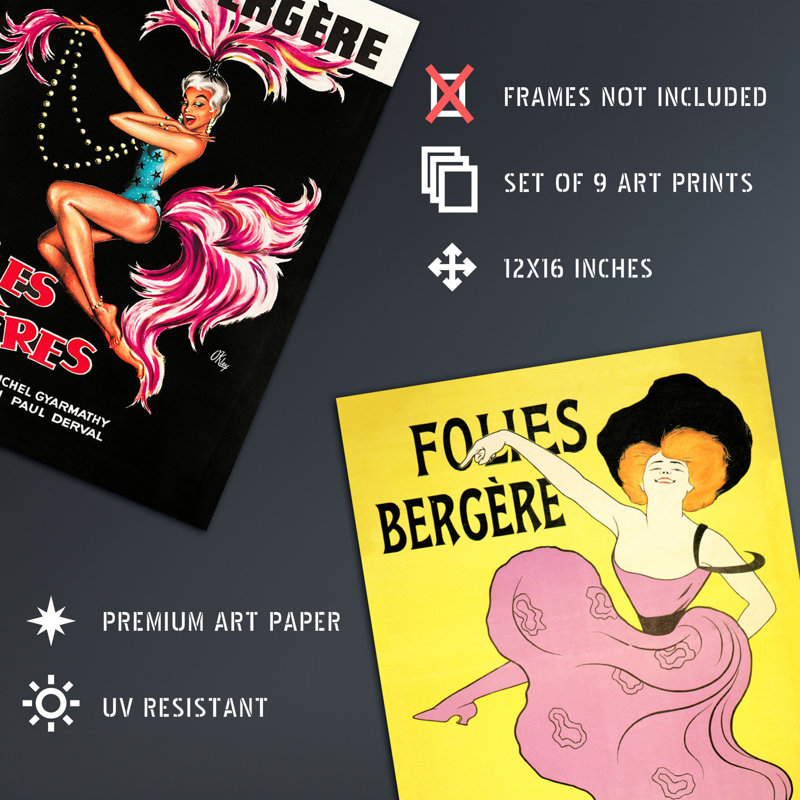 Vintage Folies Bergère Cabaret Music Hall 9-Piece Set Unframed Wall Art Prints Bathroom Bedroom Aesthetic French Advertising Paris France