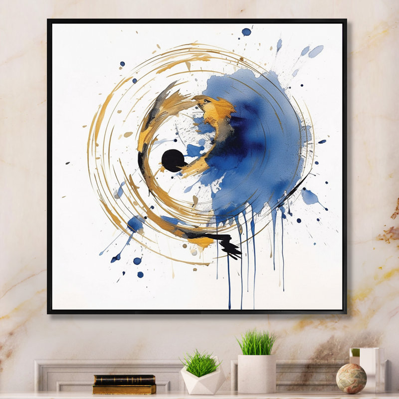 «Dark Blue & Gold Abstract Circle Texture», reproduction encadrée sur toile, H 24 po x l 24 po x P 1 po, Cadre flottant noir