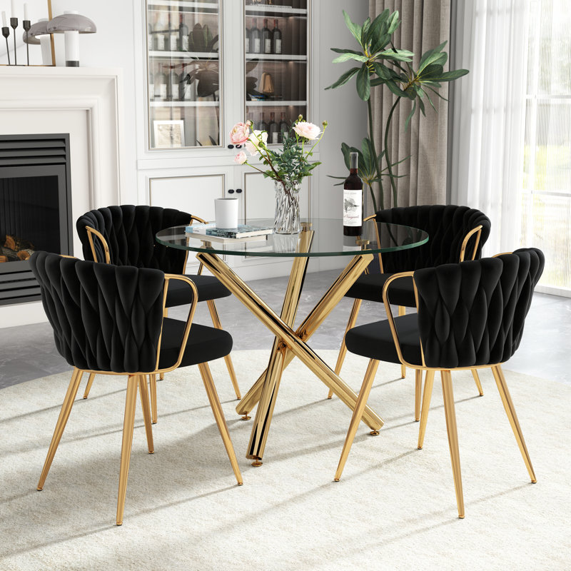 Ensemble de table de salle à manger Elegant, 5 pièces: table, 4 chaises, Noir, Doré