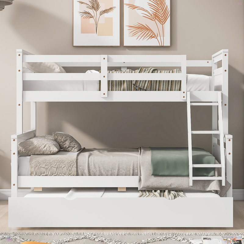 Lit simple superposé au dessus d'un lit double avec échelle, lit gigogne simple, barrière de sécurité, Blanc