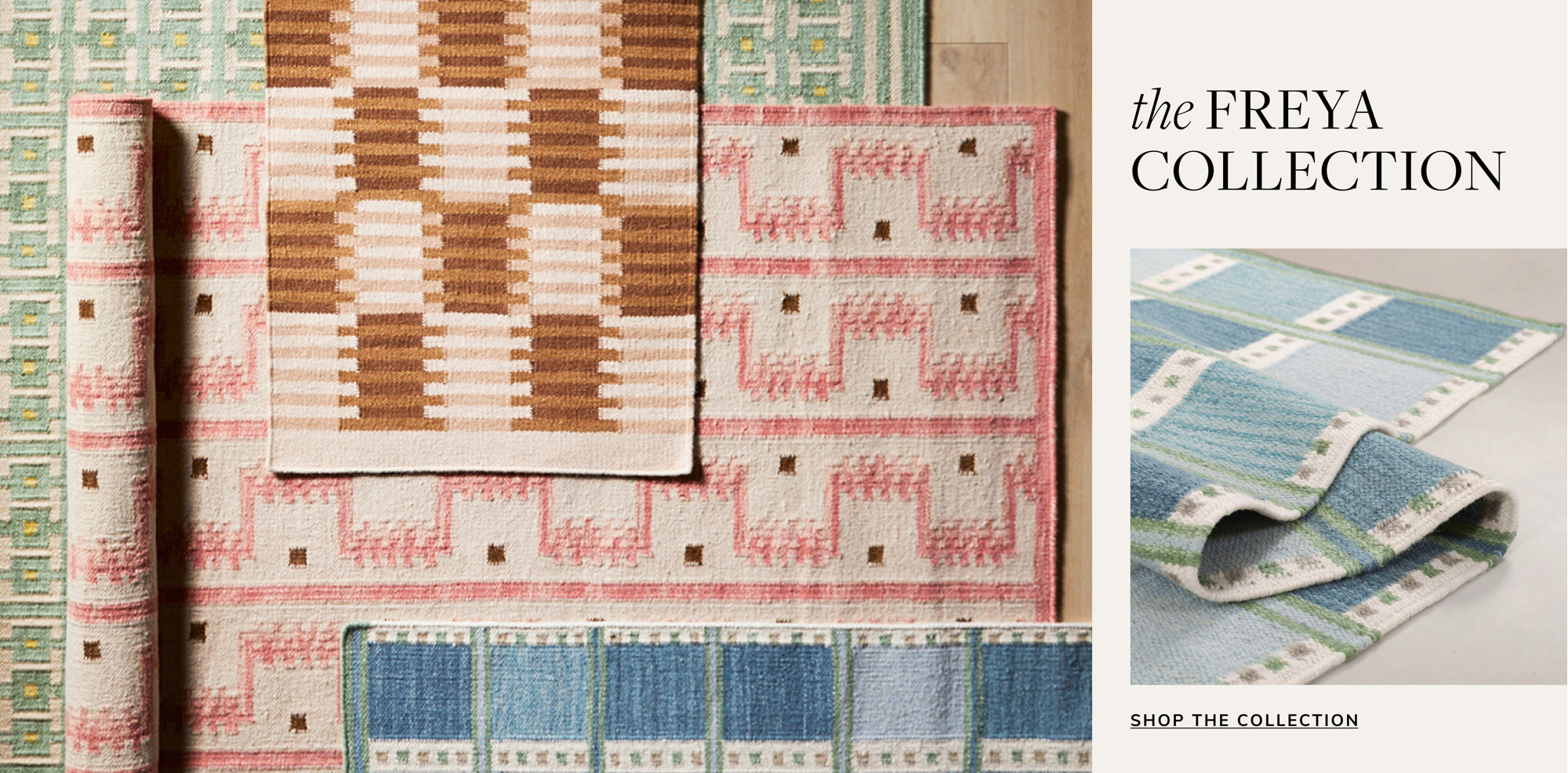 Colorful flatweave rugs from the Freya Collection featuring various patterns in pink, green, brown and blue colors
