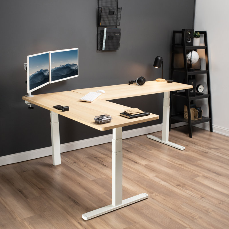 Adjustable Height L-Shaped Steel Standing Desk, Light Wood/White