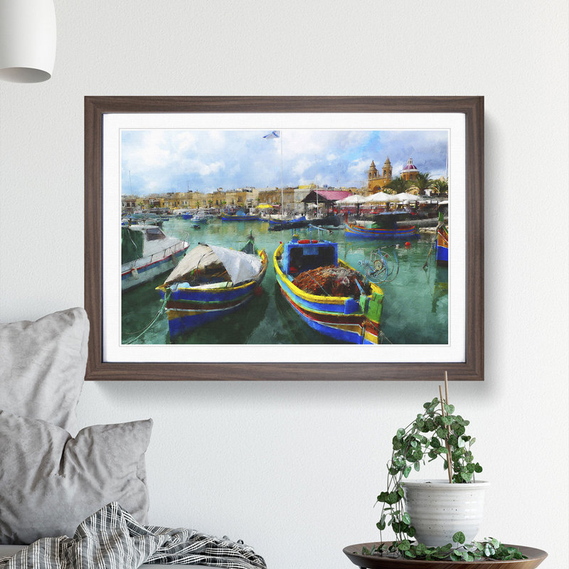 Fishing Boats in Malta - Picture Frame Graphic Art, Walnut Framed, 27cm H x 36cm W x 2cm D