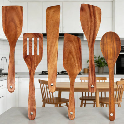 6-Piece Teak Wood Spatula Set For Cooking - Non-Toxic Wooden Utensils With Slotted Turner, Scraper, Spoon, And Paddle For Kitchen