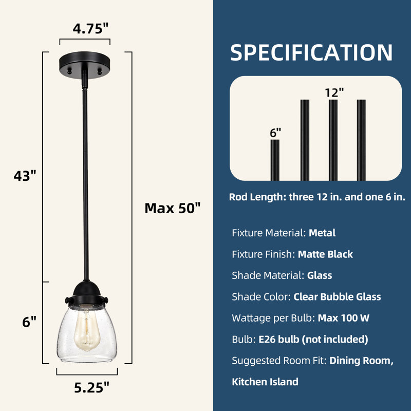 1-Light Matte Black Pendant with Seeded Glass Shade, Matte Black