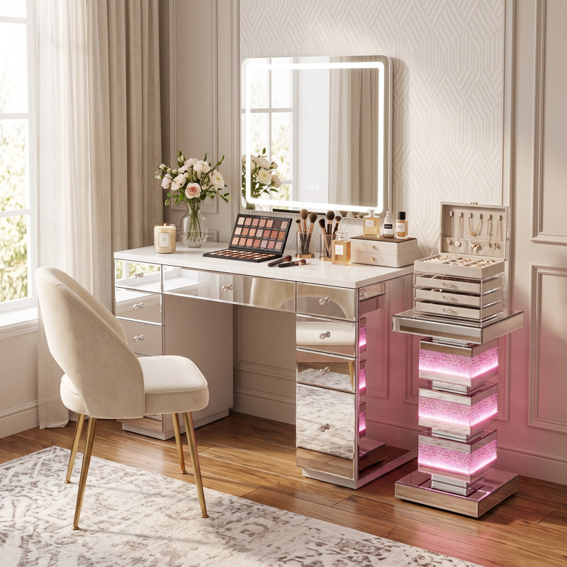 Table d'appoint moderne à miroir avec éclairage DEL, fini diamant concassé, base carrée de 61 cm de haut, idéale pour le salon, la chambre et le bureau, couleur argent.