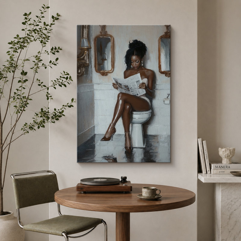 Elegance "Glamorous Woman Reading Newspaper Chic Artwork, Bathroom/Vanity Room/Powder Room Decor Wall Pictures, Large Framed Canvas Digital Giclee Print Wall Art"