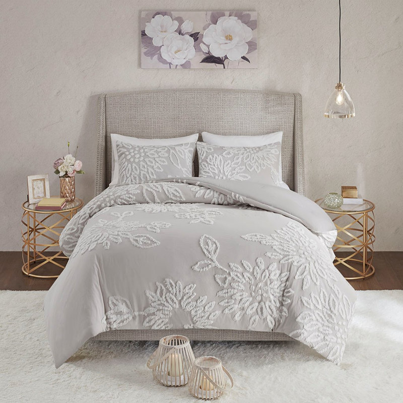 Housse de couette en coton chenille - gris chaud et aspect chambre à coucher floral 