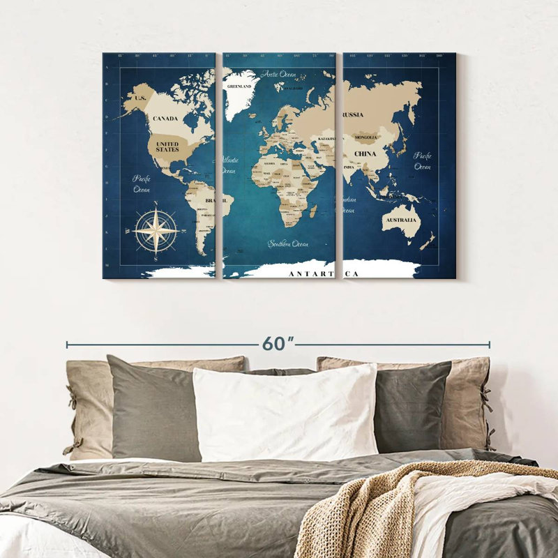 Carte du monde cobalt 3 pièces, H 32 po x l 50 po x P 1,25 po