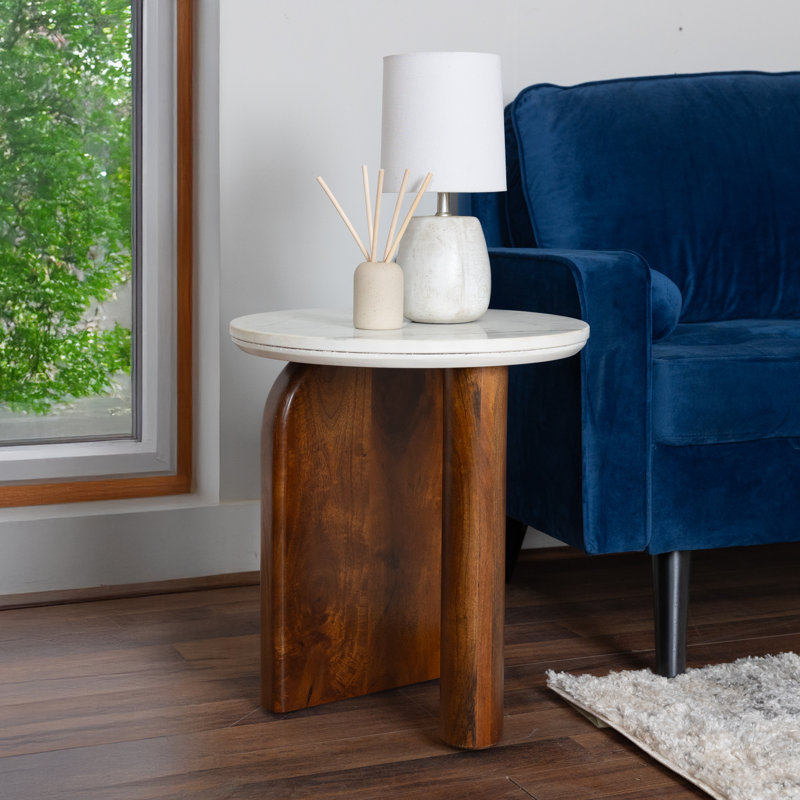 Table d'appoint ronde moderne avec plateau en marbre Banswara et base en bois de manguier teinté - table d'appoint élégante