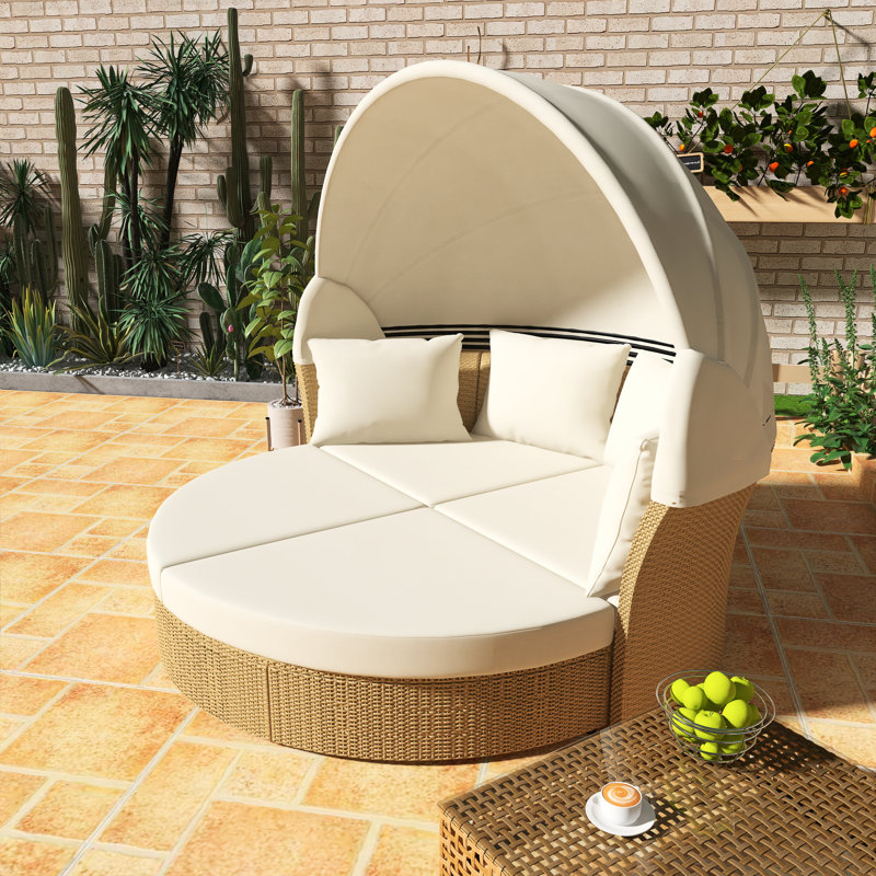 Lit de jour double en rotin d'extérieur avec auvent rétractable en osier, 4 coussins, beige - convient pour la pelouse, le jardin, la cour, le porche et la piscine
