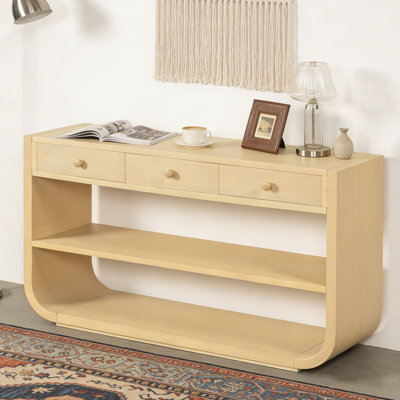 Modern Curved Console Table with 3 Soft-Close Drawers & 2 Open Shelves
