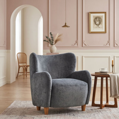 Fauteuil à oreilles, fauteuil rembourré avec coussin à ressorts ensachés et pieds en bois massif