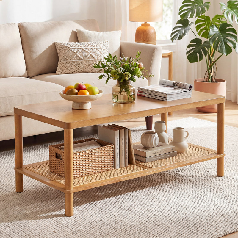 Table basse rectangulaire à 2 niveaux avec structure centrale en bois d'hévéa brun, Brown