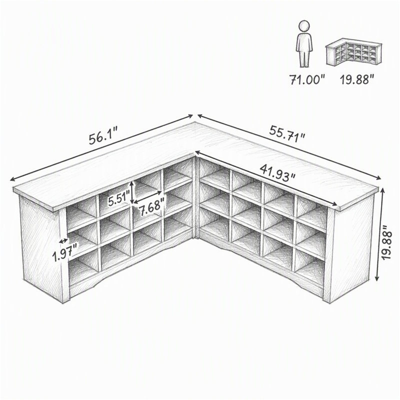 Étagère à chaussures en L avec rangement, banc d'angle avec casiers ouverts pour le vestibule