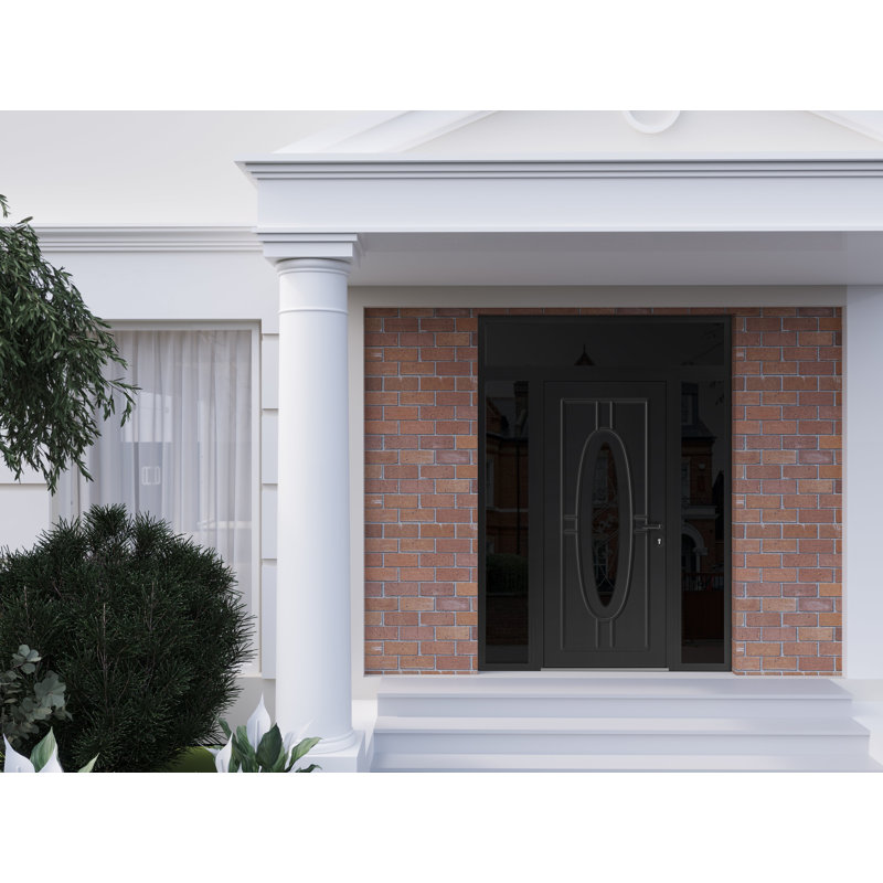 Porte d'entrée extérieure prémontée en acier Ronex 1277, émail noir, avec deux fenêtres latérales et supérieures, imposte latérale, inserts en acier inoxydable. Style moderne, peinturé, largeur 40,6 + 91,4 + 40,6 cm x hauteur 203,2 + 40,6 cm, ouverture à droite vers l'intérieur.