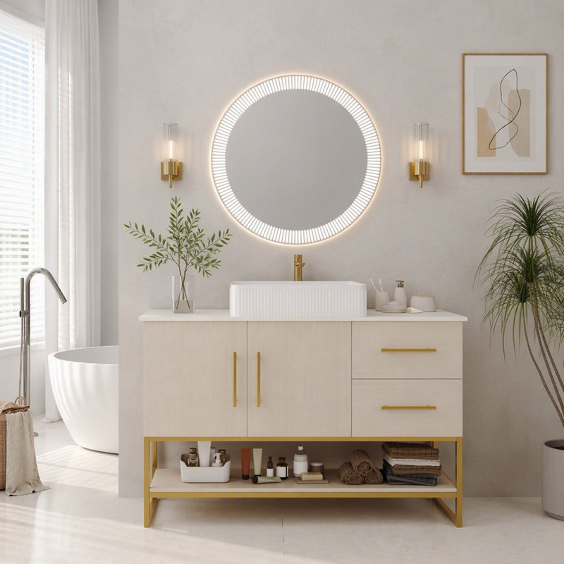 Meuble-lavabo moderne 47,2 po avec lavabo vasque en céramique, armoire autoportante dorée