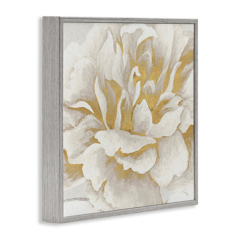Art doré et giclée encadrée de fleurs dorées et blanches par Elizabeth Medley, H 12 po x l 12 po, Estampe numérique Farmhouse