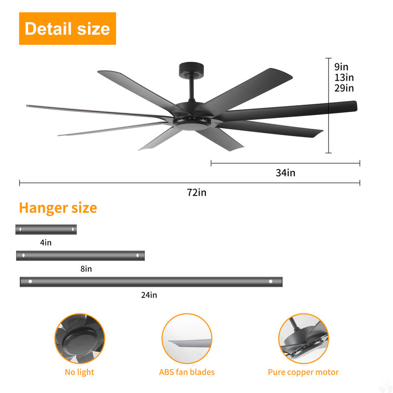 Ceiling Fans No Light With Remote Control, 8 Reversible Blade, Quiet DC Motor, Timer Function, 6-Speed